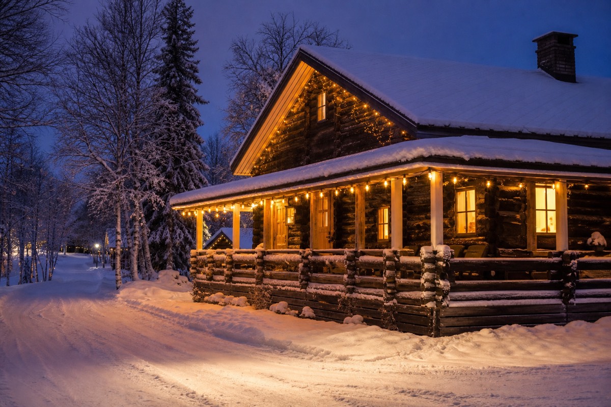 A snowy Nordic wooden cabin exterior strung with warm Christmas lights at dusk, deep snow, no people
